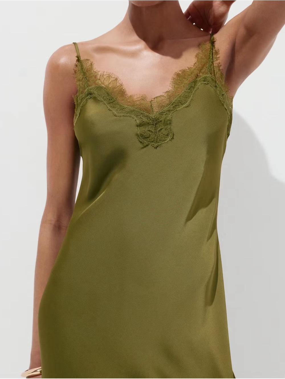Mango Olive Green Satin Camisole Lace-Trim Midi Slip Dress